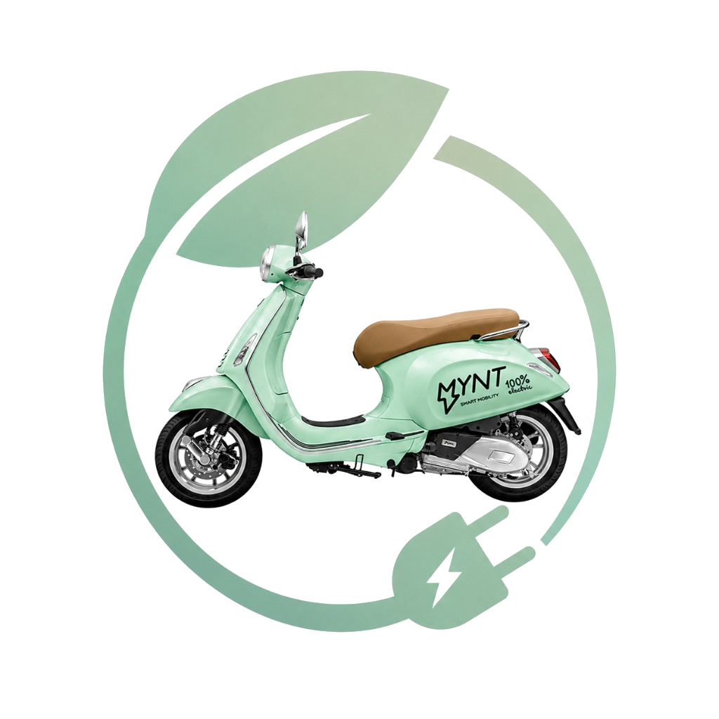 Mint green MYNT electric moped with clean mobility symbol